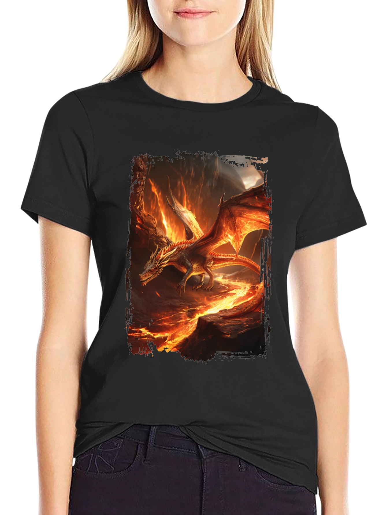 Fiery Dragon Graphic Print Black T-Shirt