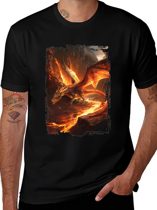 Fiery Dragon Graphic Print Black T-Shirt