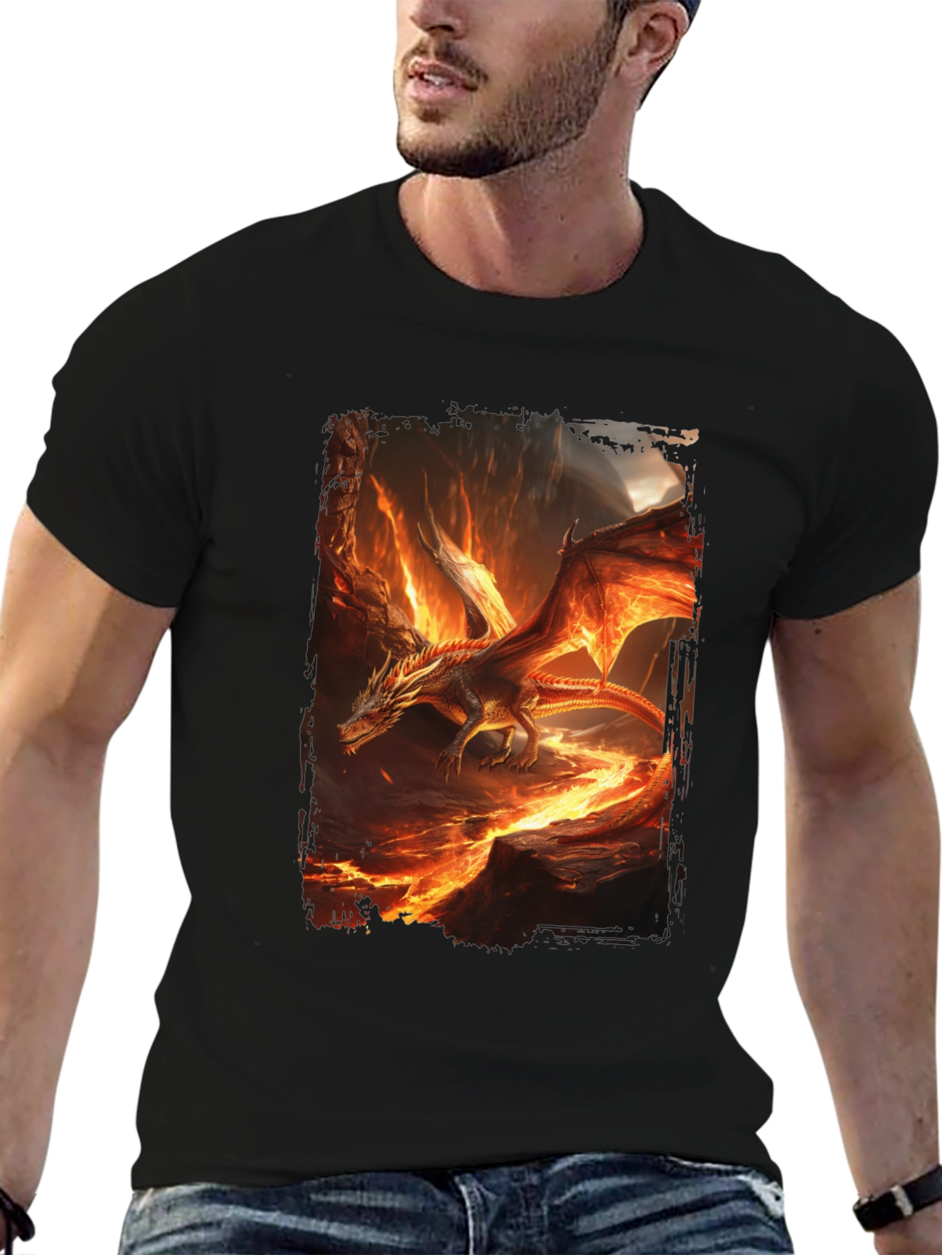 Fiery Dragon Graphic Print Black T-Shirt