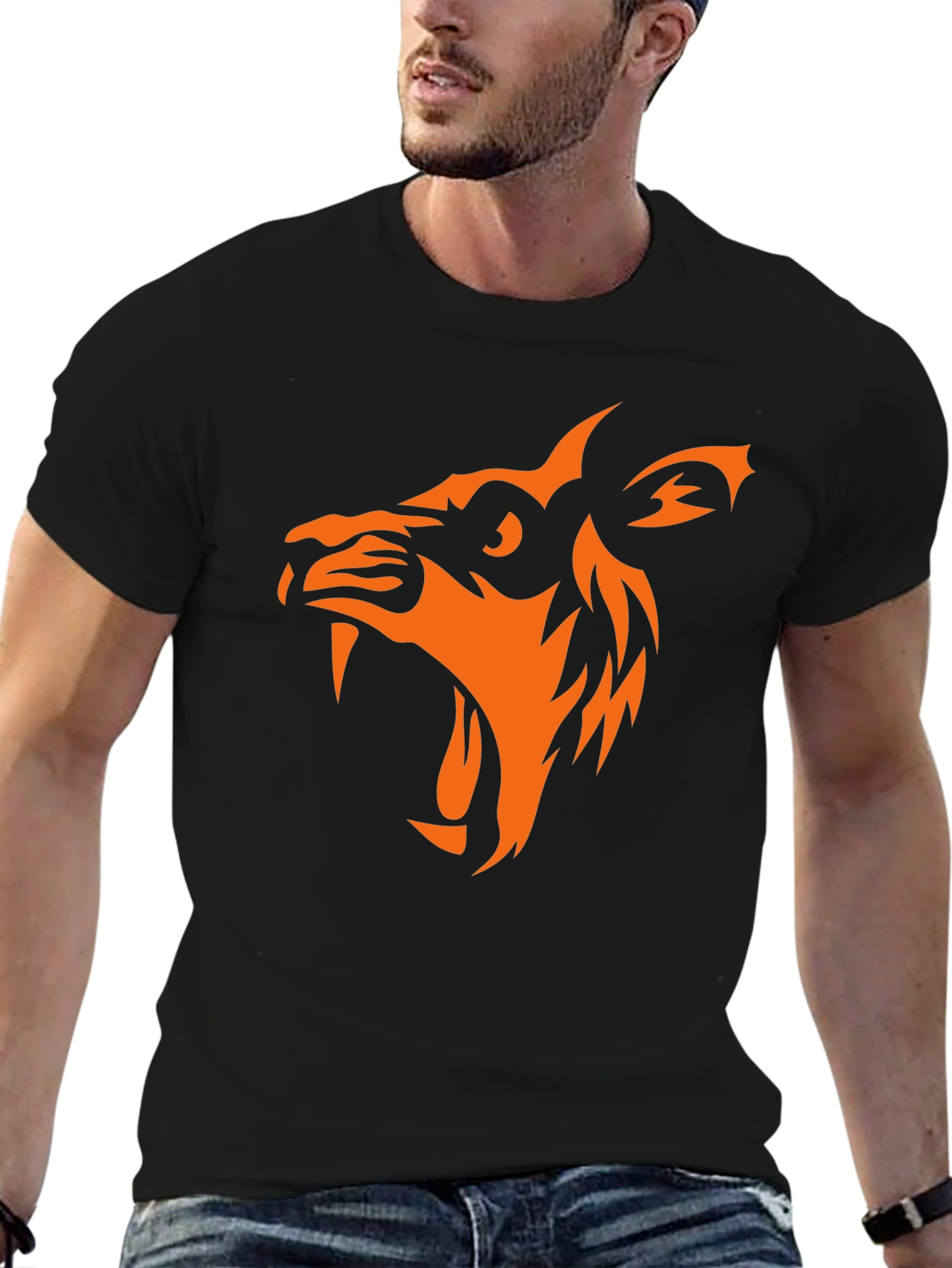Black T-Shirt with Orange Wolf Graphic