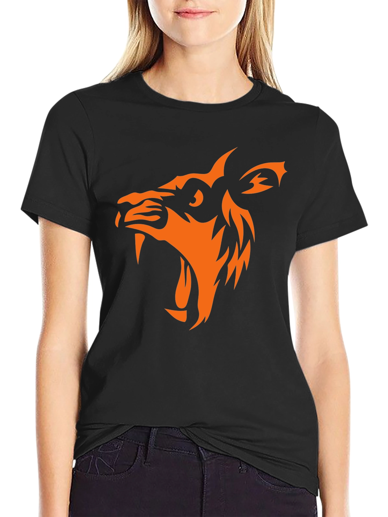 Black T-Shirt with Orange Wolf Graphic