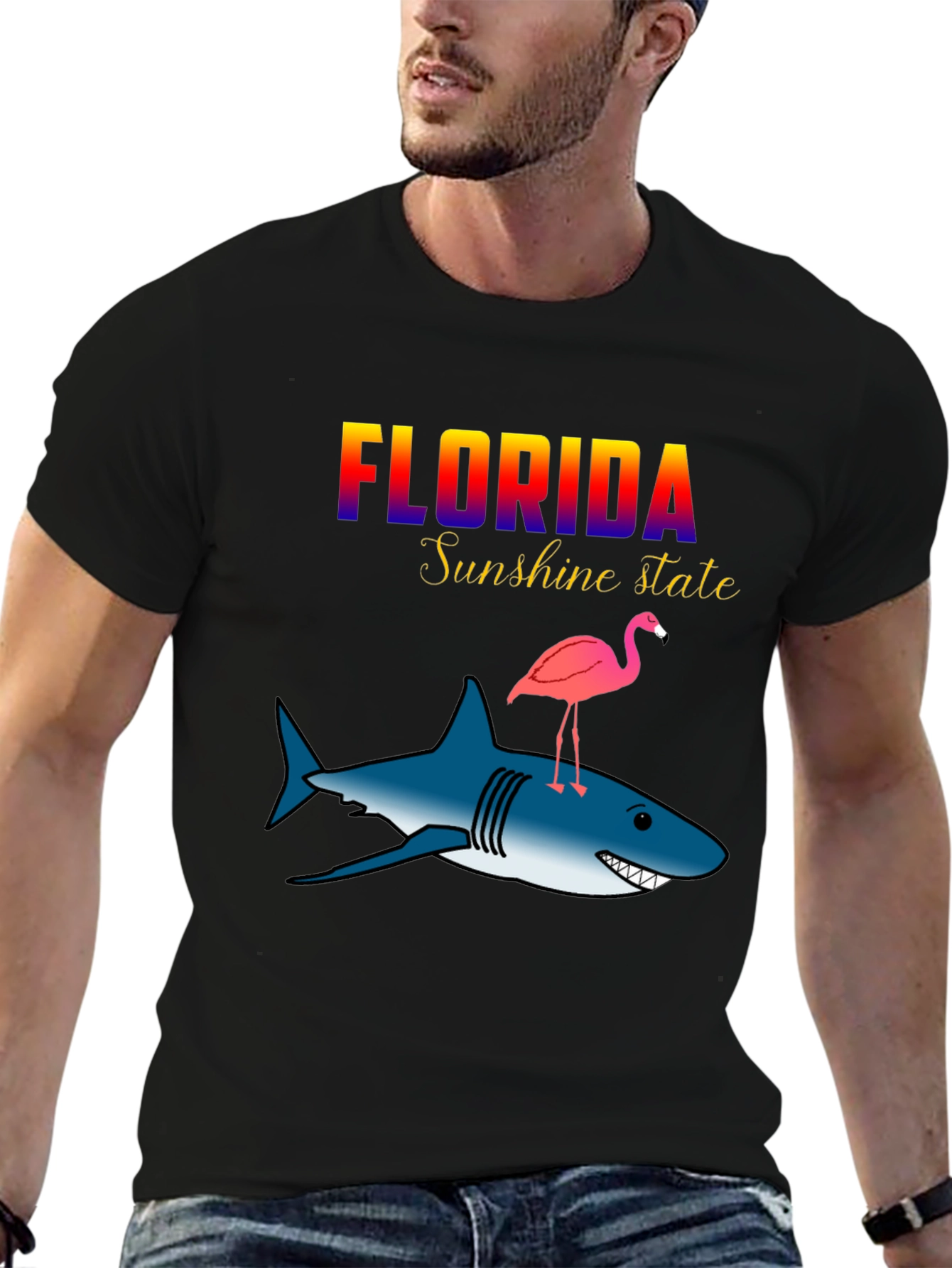 Florida Sunshine State Shark & Flamingo Graphic T-Shirt