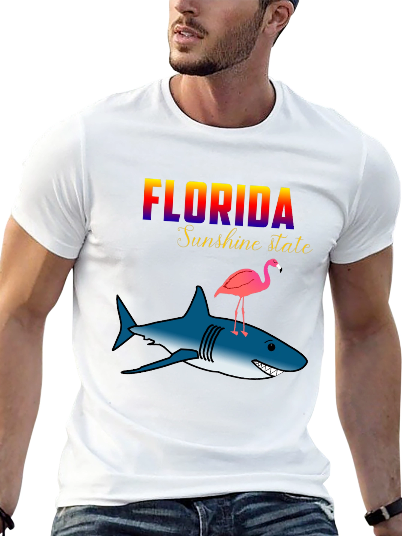 Florida Sunshine State Shark & Flamingo Graphic T-Shirt