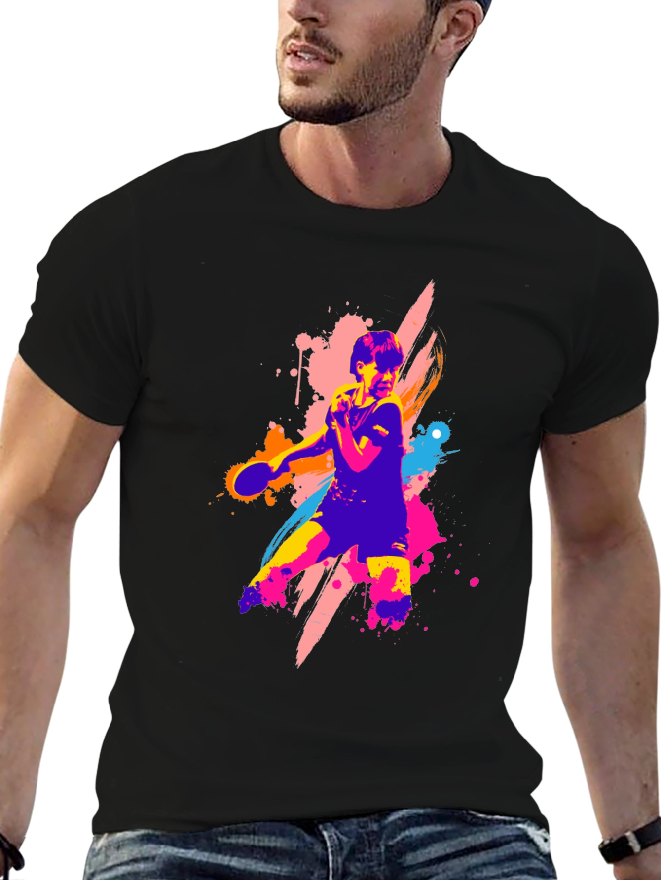 Vibrant Table Tennis Graphic Tee - Black