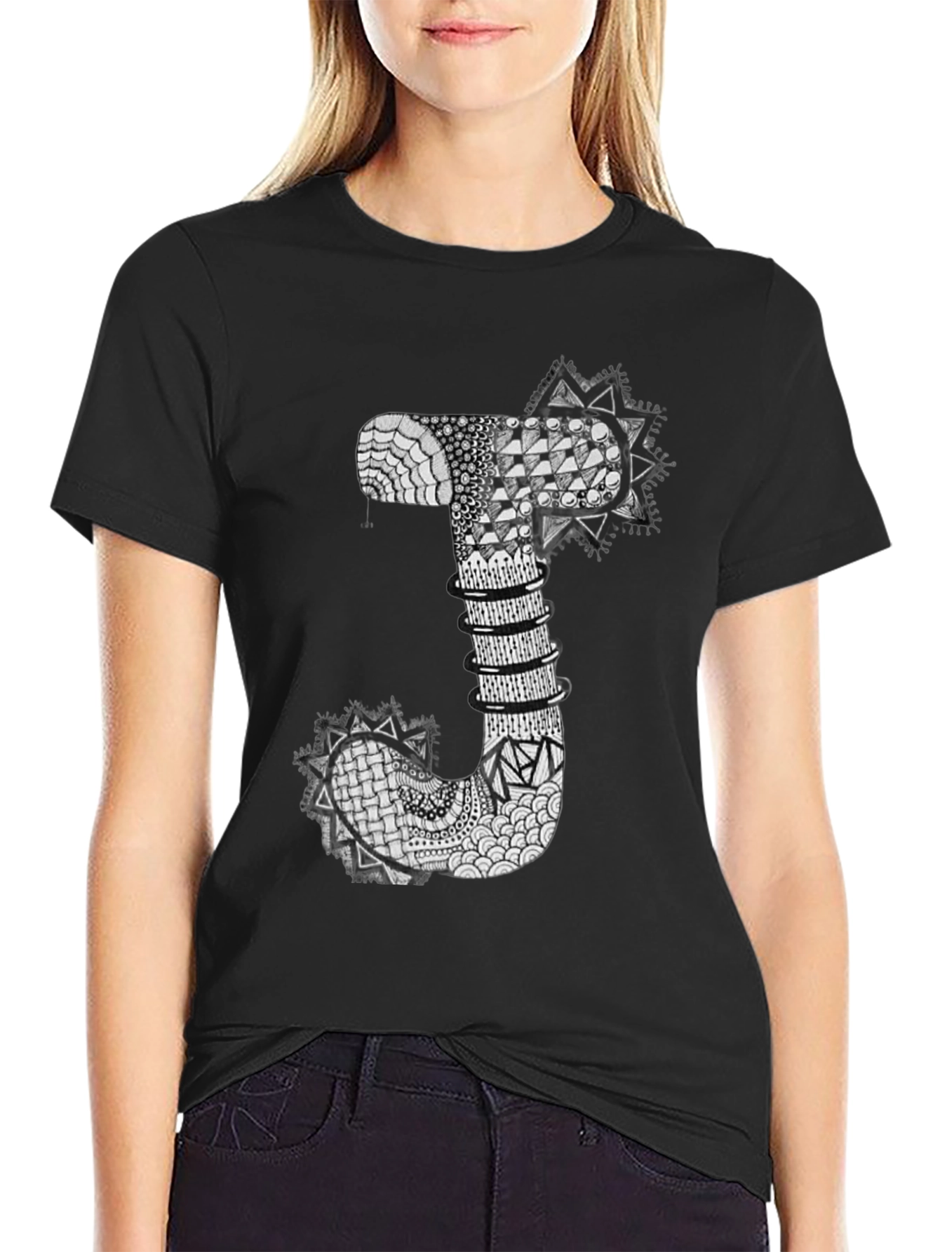 Abstract J Letter Black T-Shirt