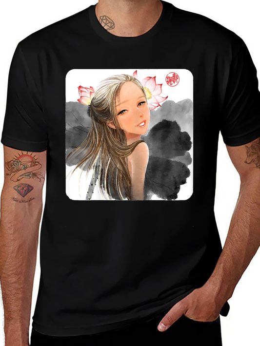 Artistic Graphic Tee - Anime Girl with Lotus