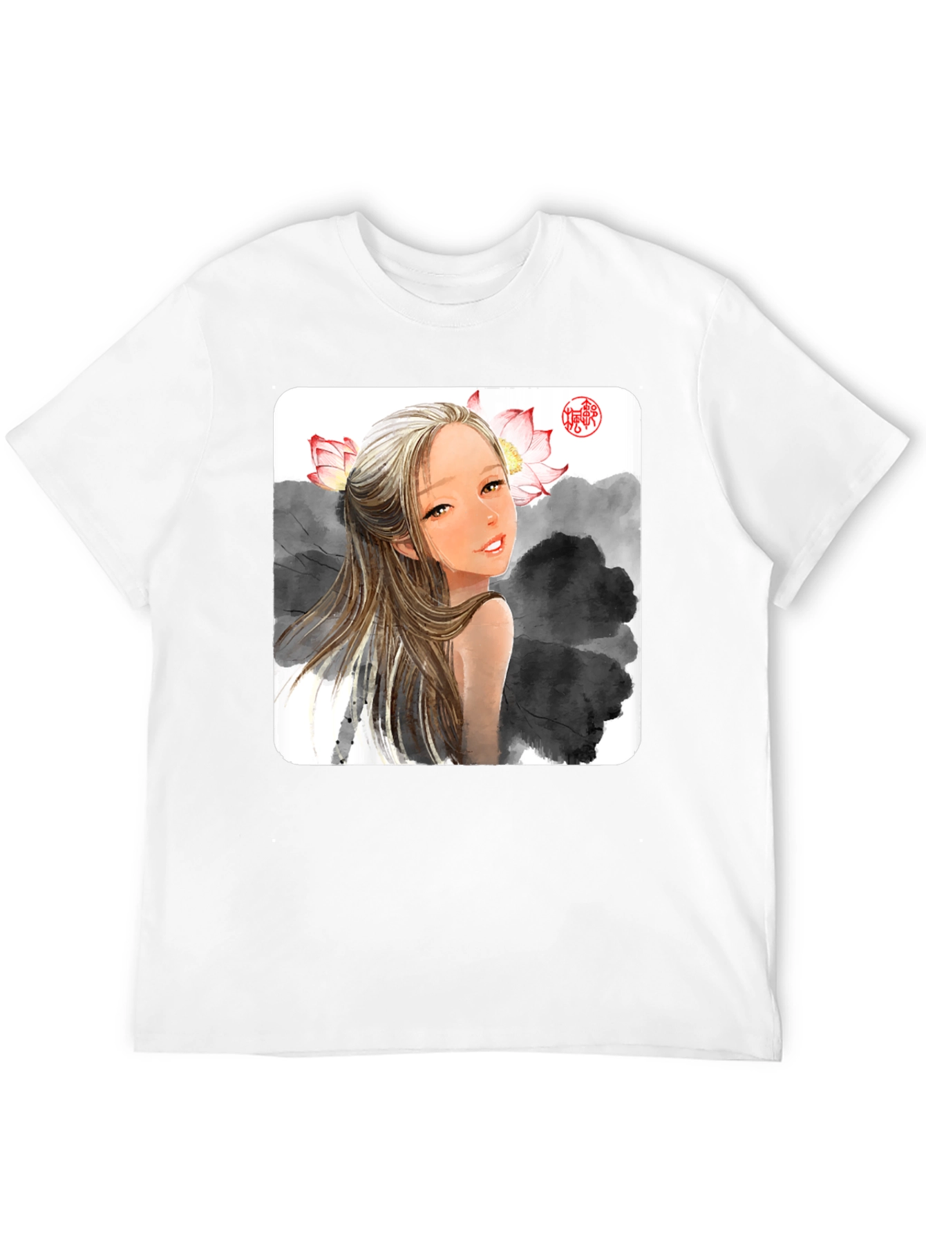 Artistic Graphic Tee - Anime Girl with Lotus