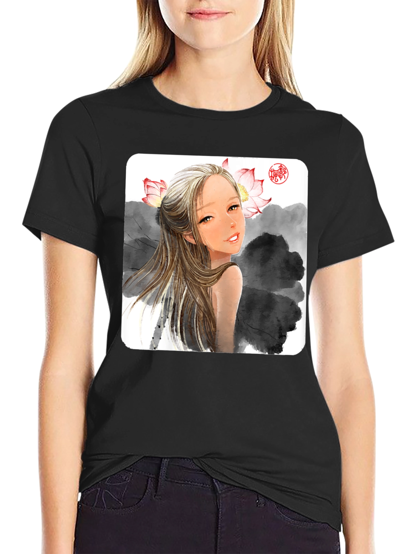 Artistic Graphic Tee - Anime Girl with Lotus