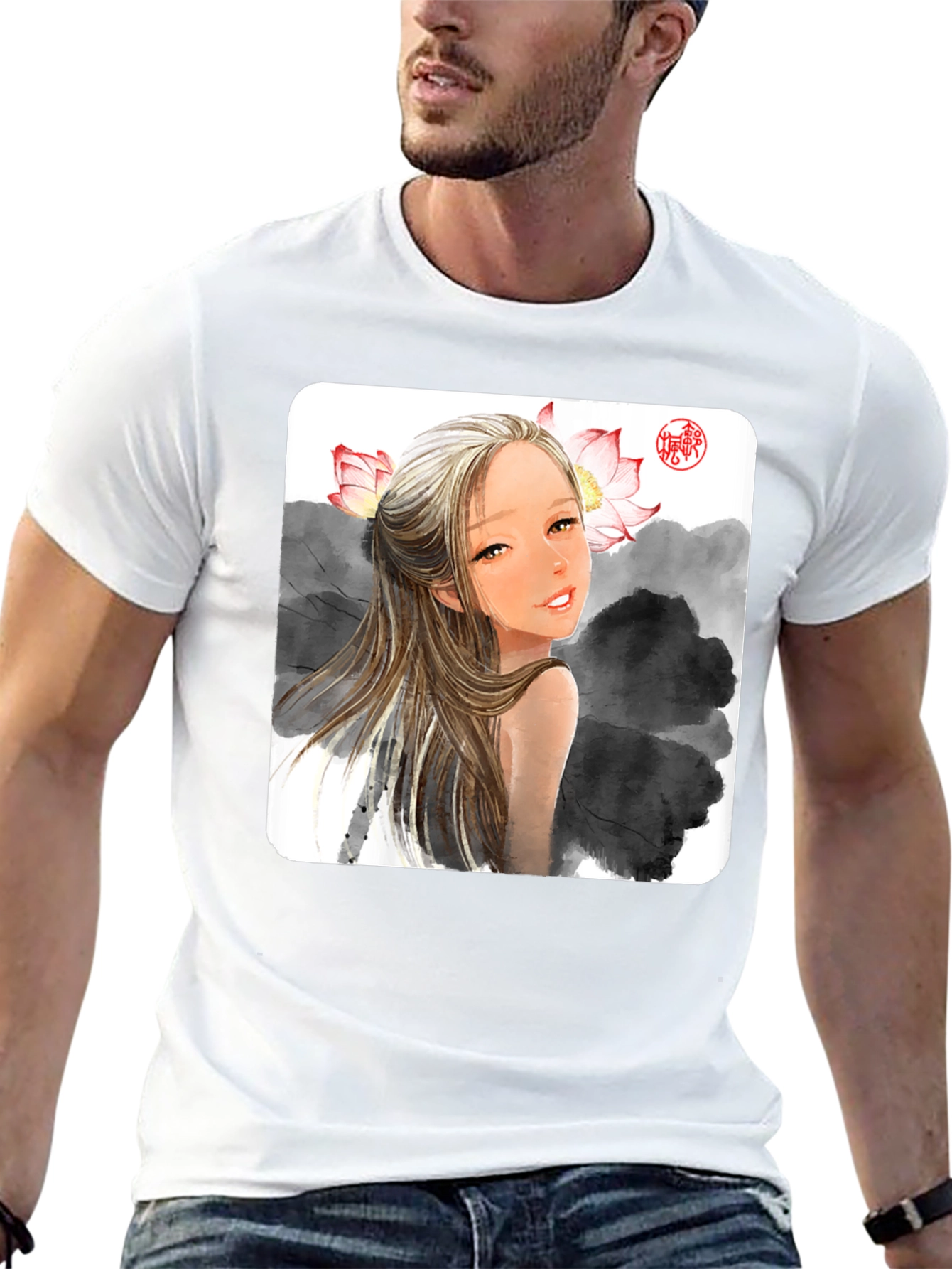Artistic Graphic Tee - Anime Girl with Lotus