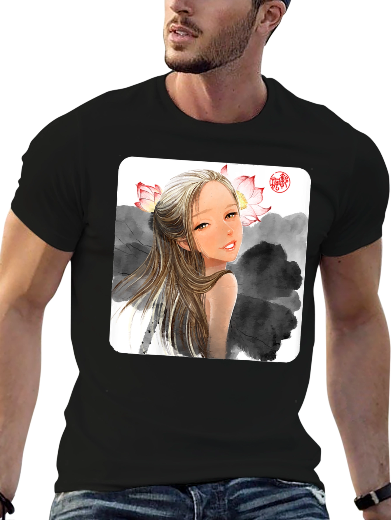 Artistic Graphic Tee - Anime Girl with Lotus