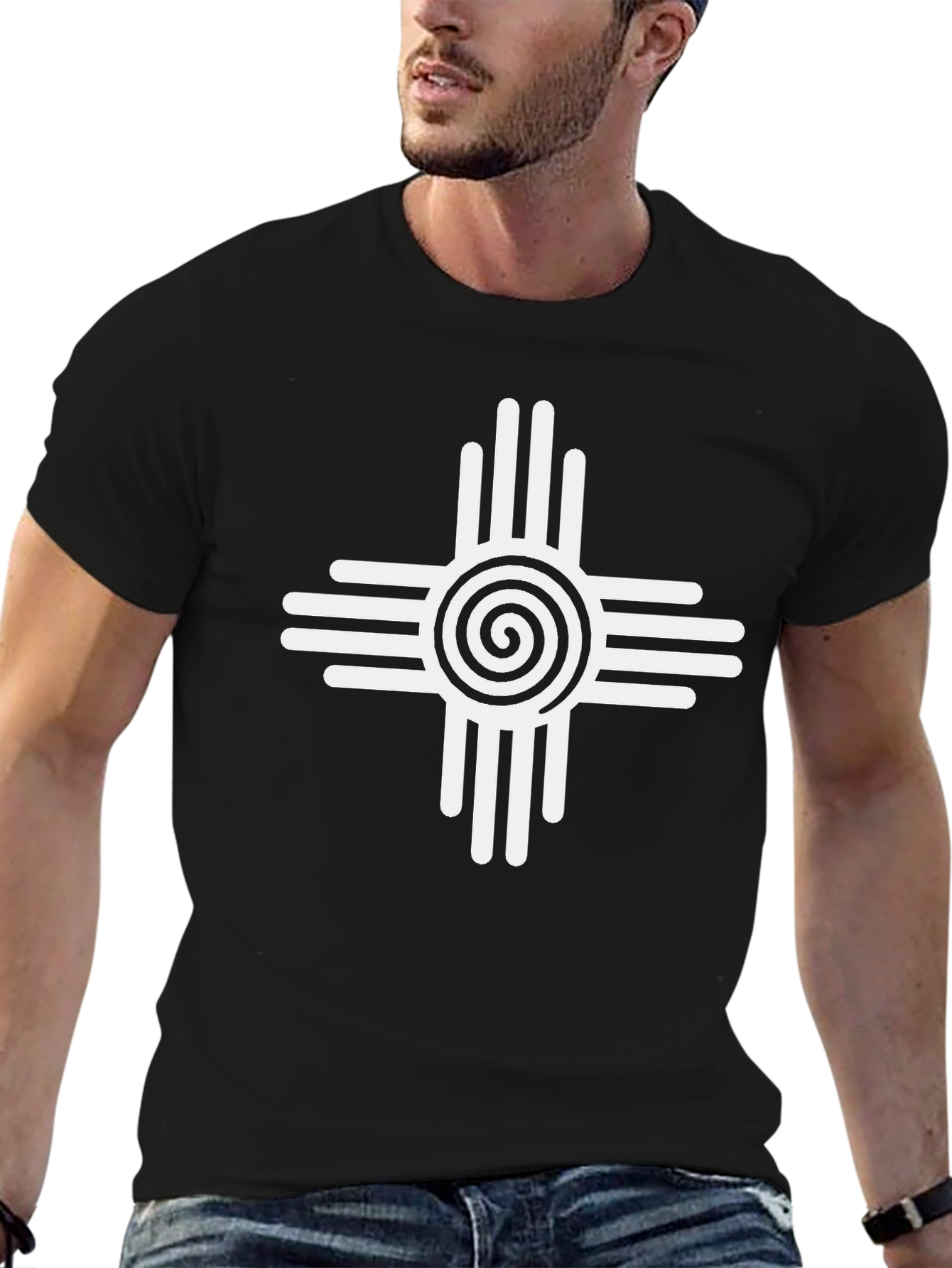 Bold Black Tee with Unique White Zia Sun Symbol