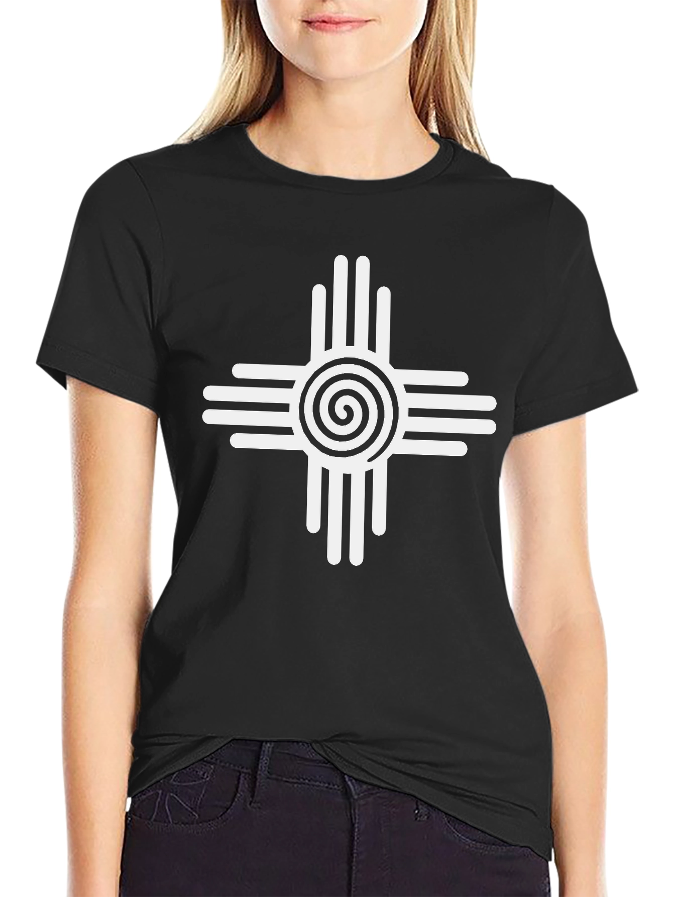 Bold Black Tee with Unique White Zia Sun Symbol
