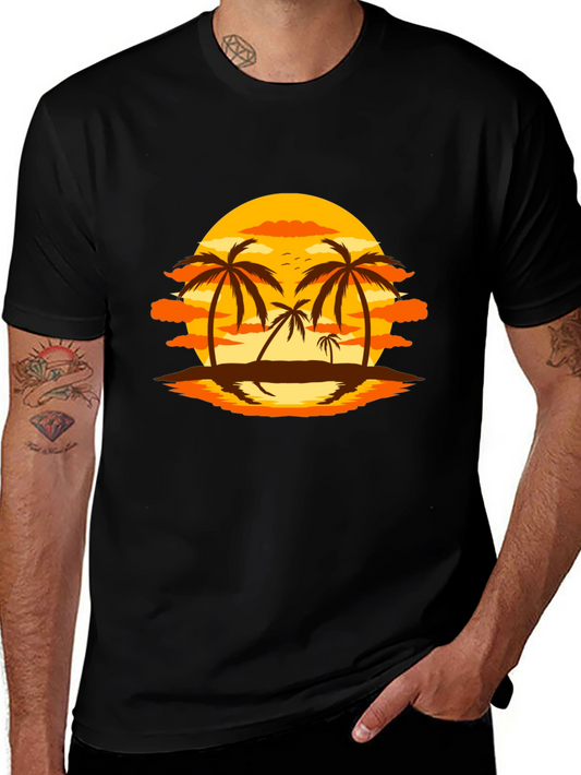 Sunset Palm Tree Graphic Black T-Shirt