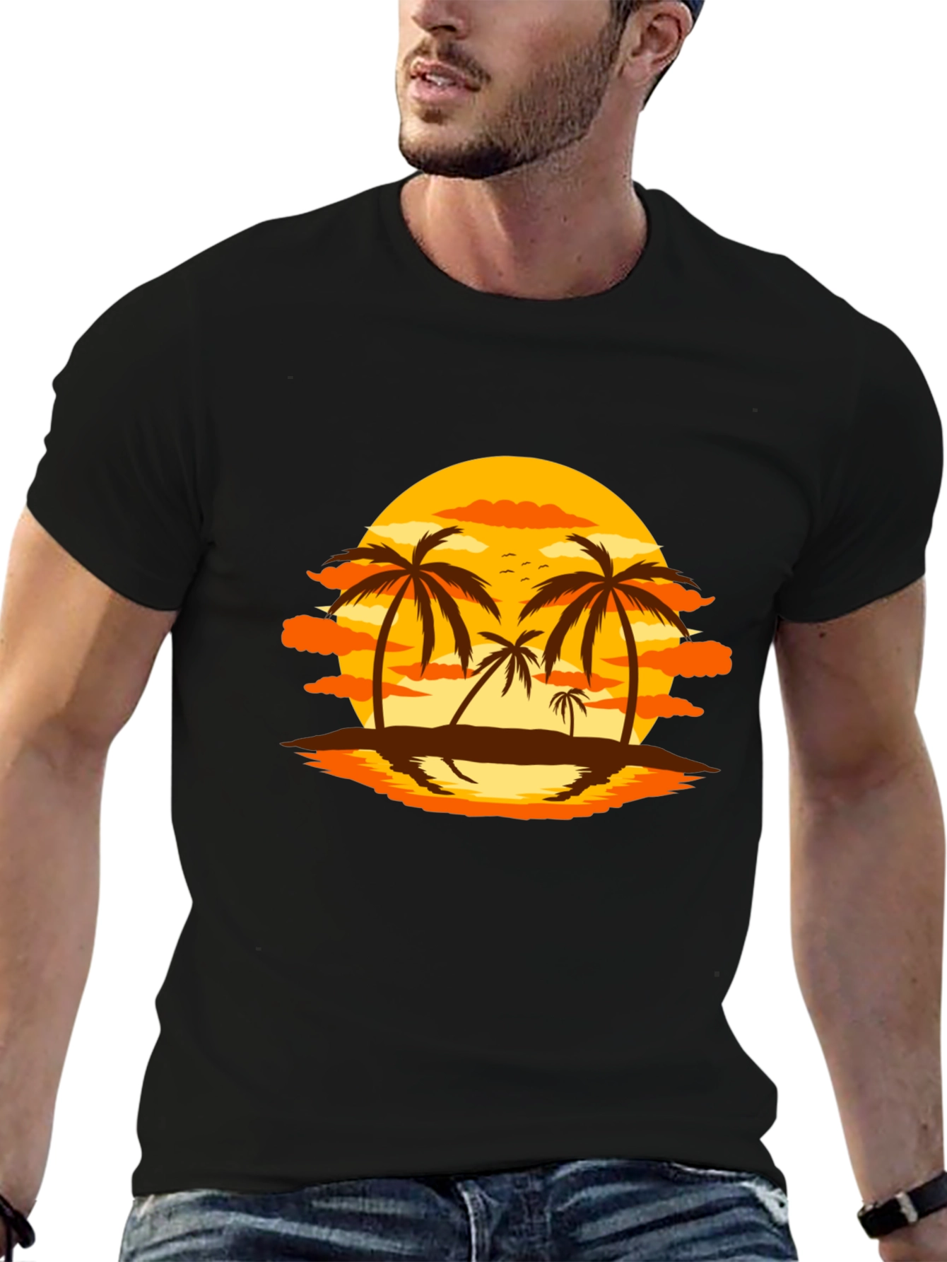 Sunset Palm Tree Graphic Black T-Shirt