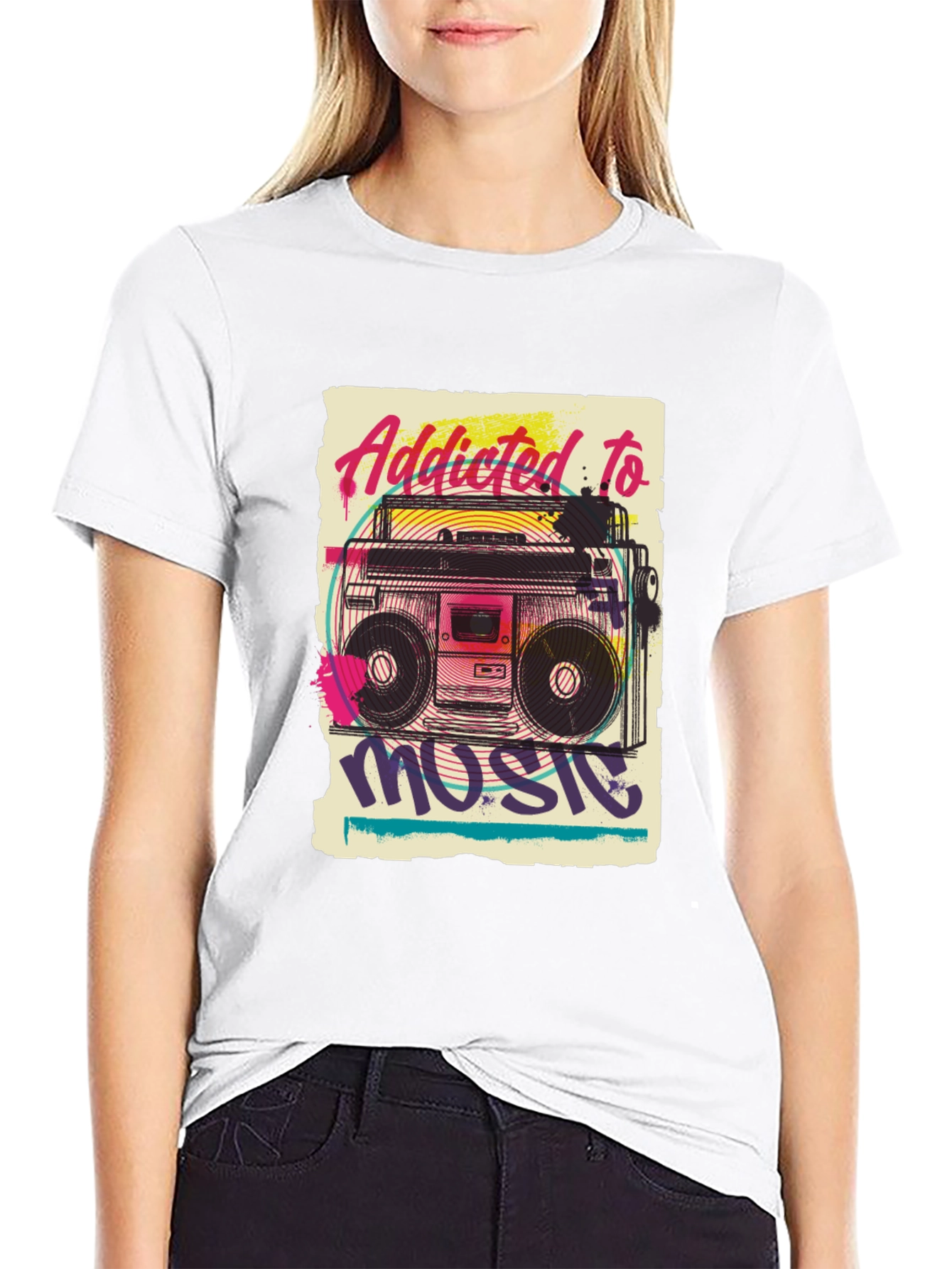 Addicted to Music Retro Boombox Graphic Tee