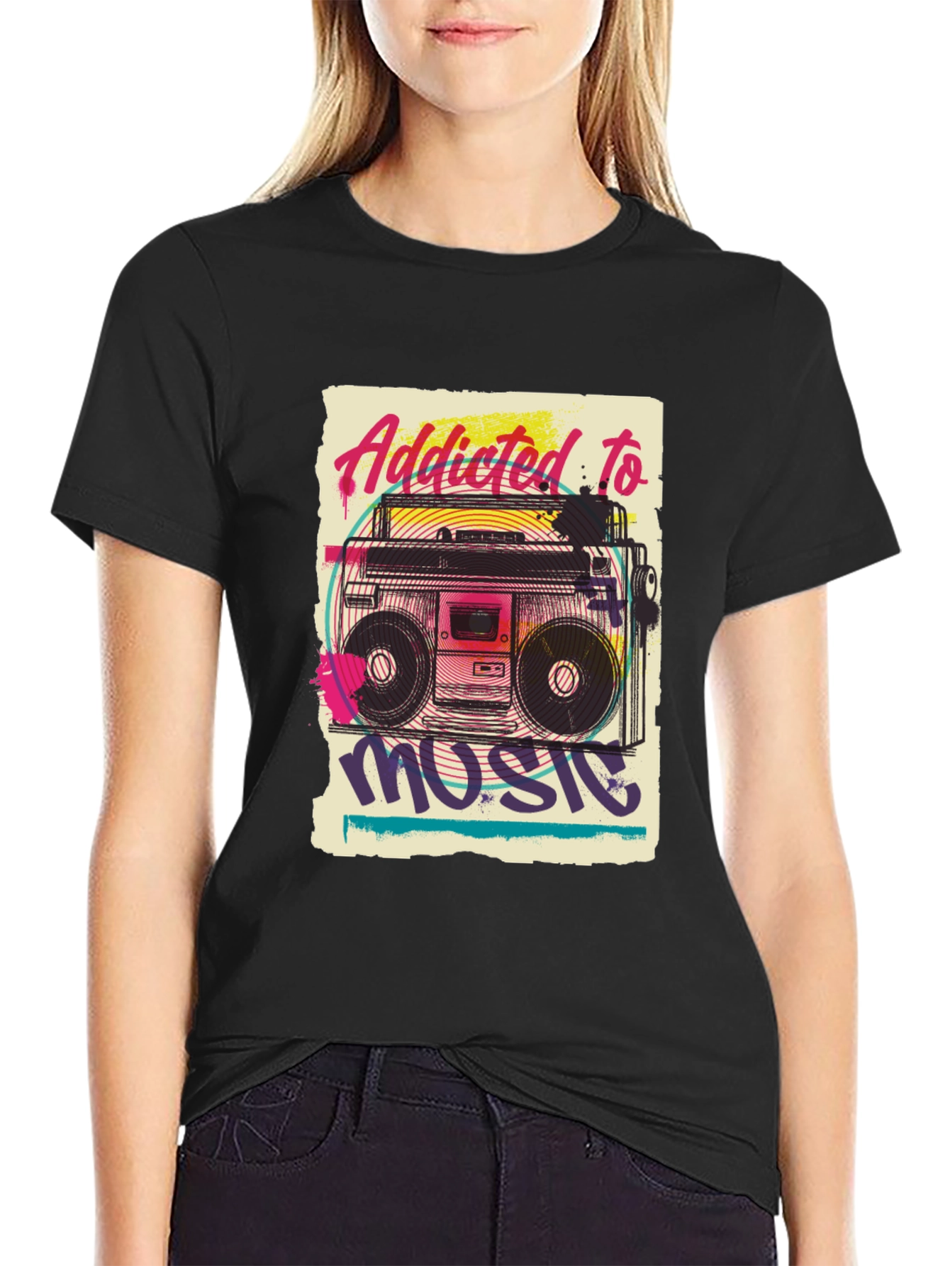 Addicted to Music Retro Boombox Graphic Tee