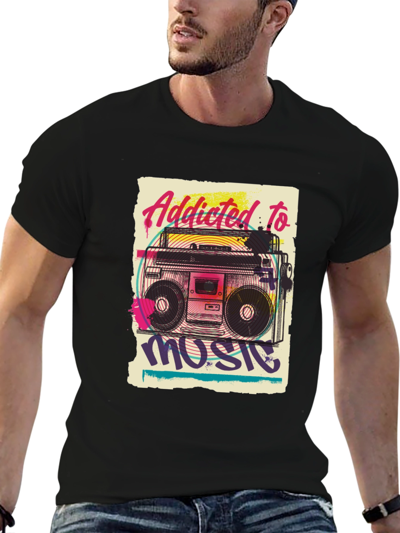 Addicted to Music Retro Boombox Graphic Tee