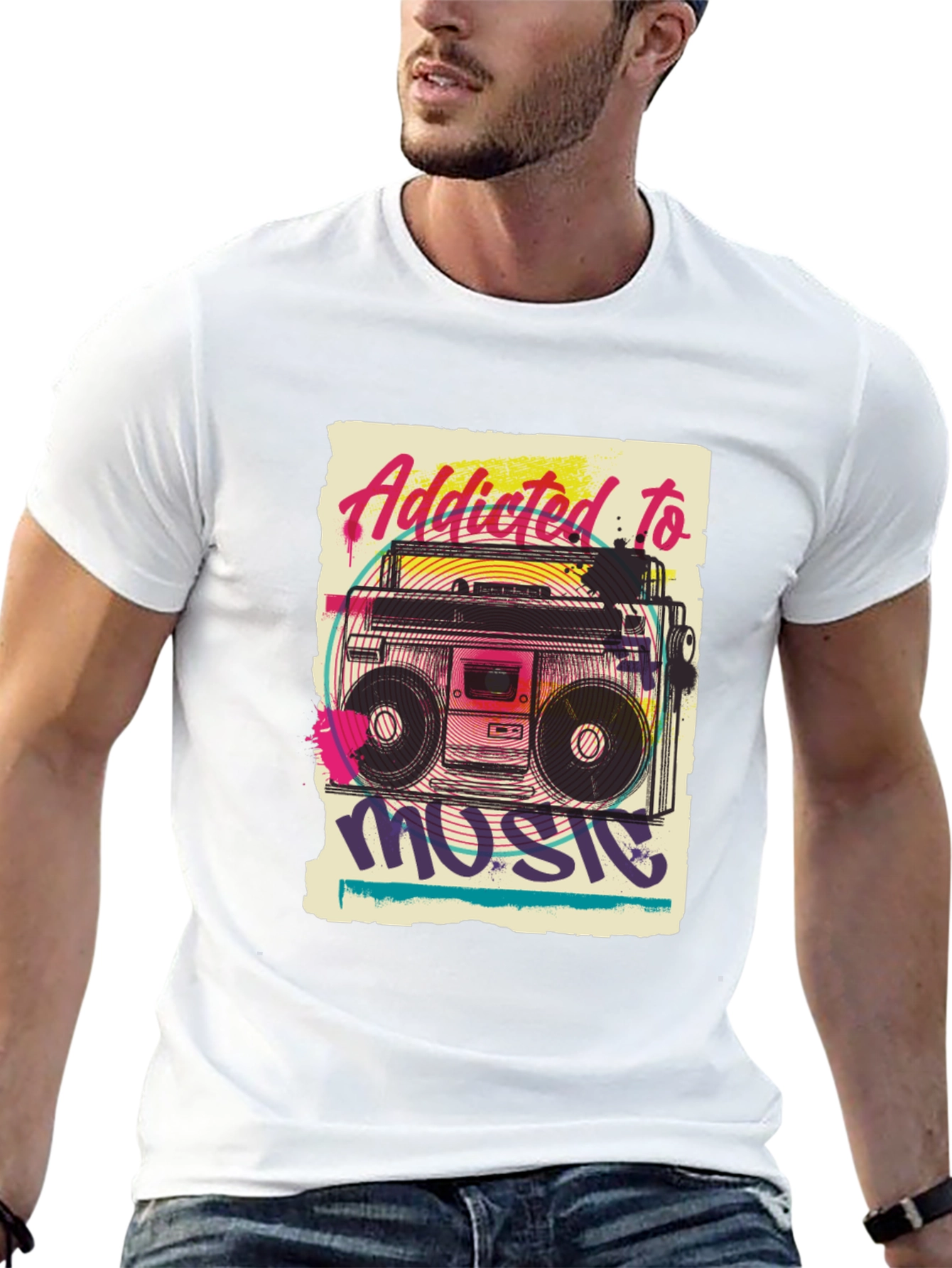 Addicted to Music Retro Boombox Graphic Tee