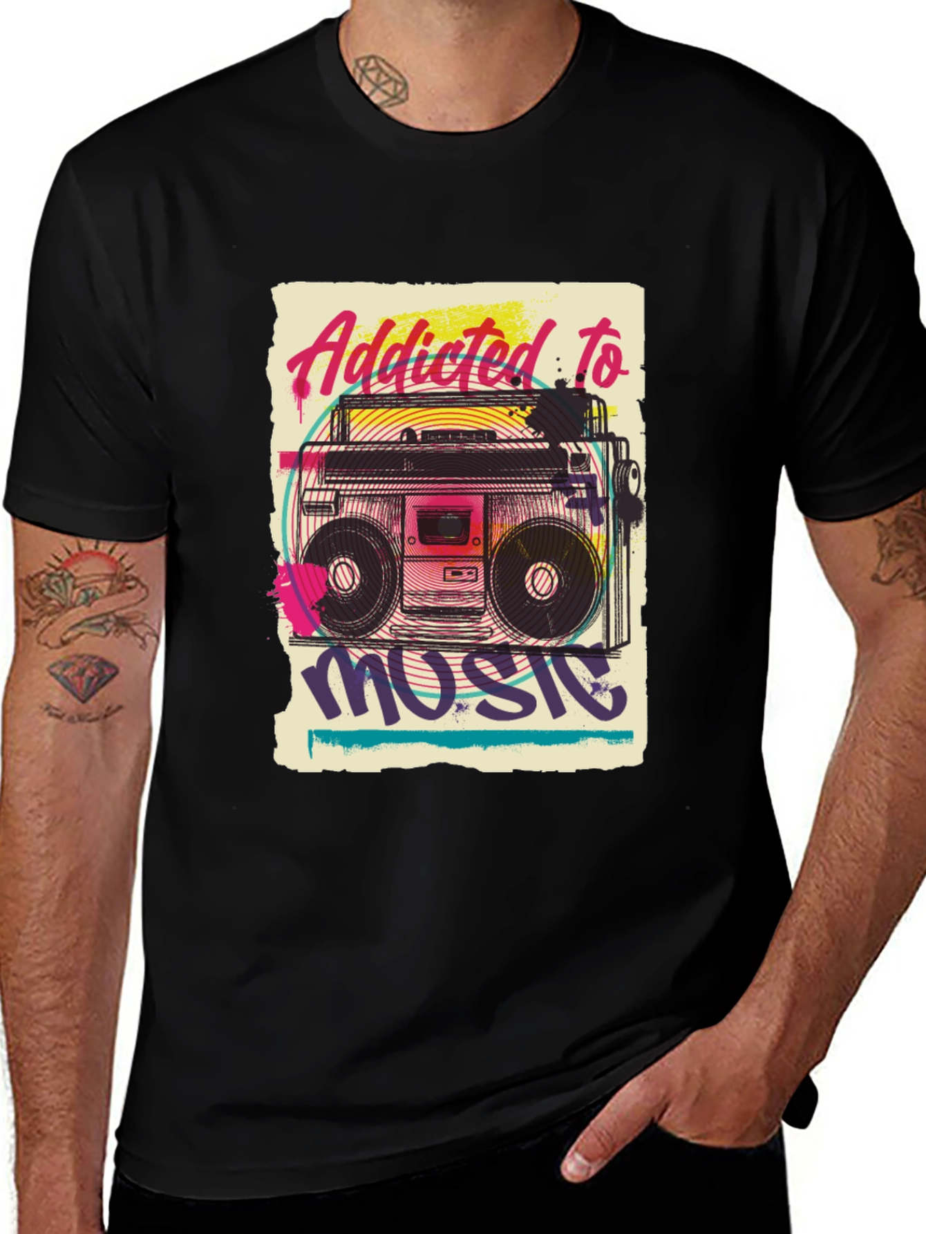 Addicted to Music Retro Boombox Graphic Tee