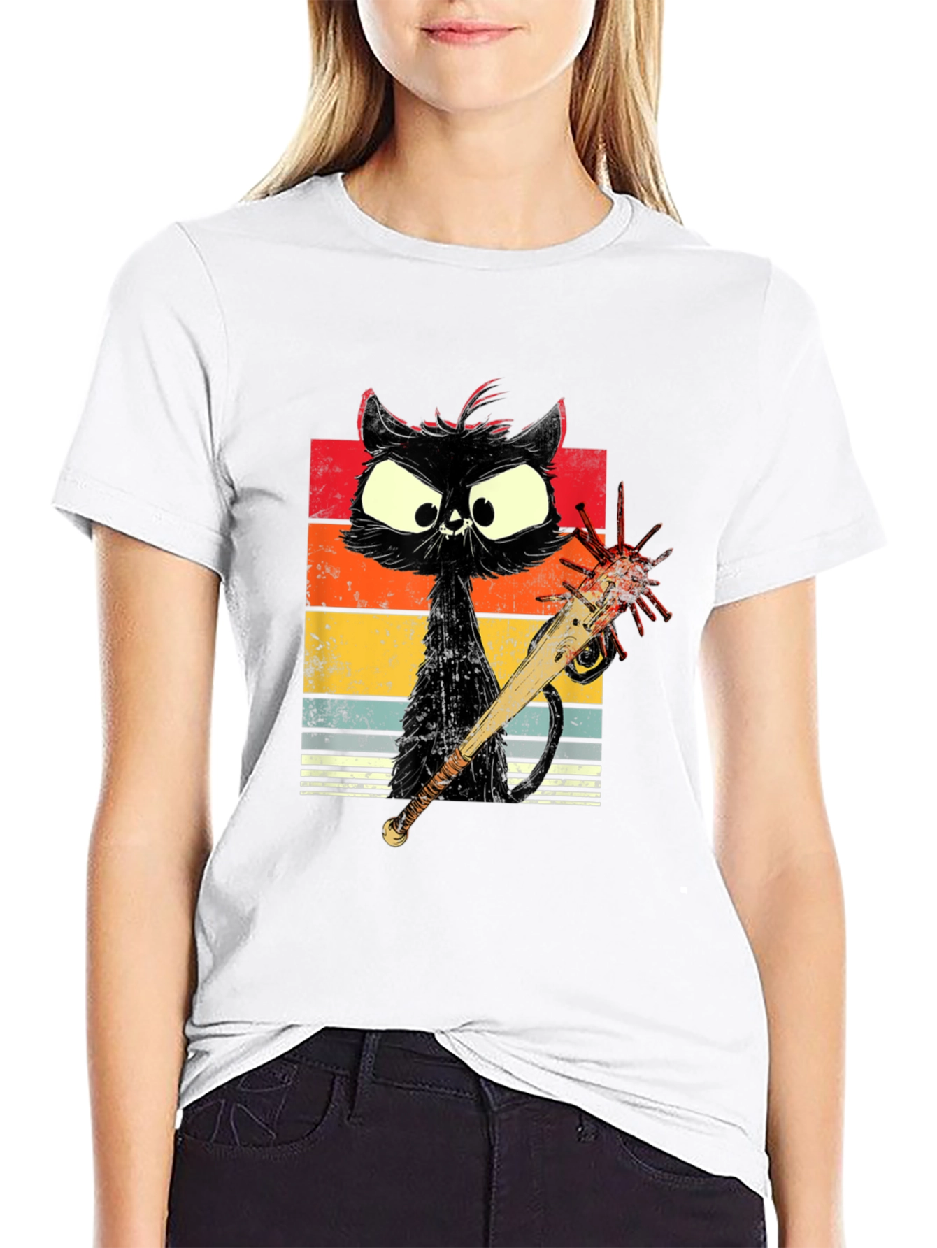 Zombie Cat Baseball Bat Graphic Tee