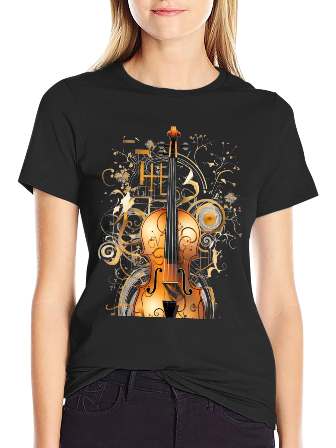 Musical Violin Graphic Tee - Stylish Black T-Shirt