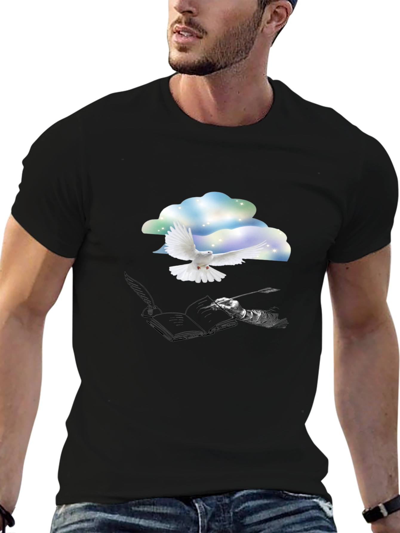 Dove & Writer T-Shirt - Artistic Black Tee
