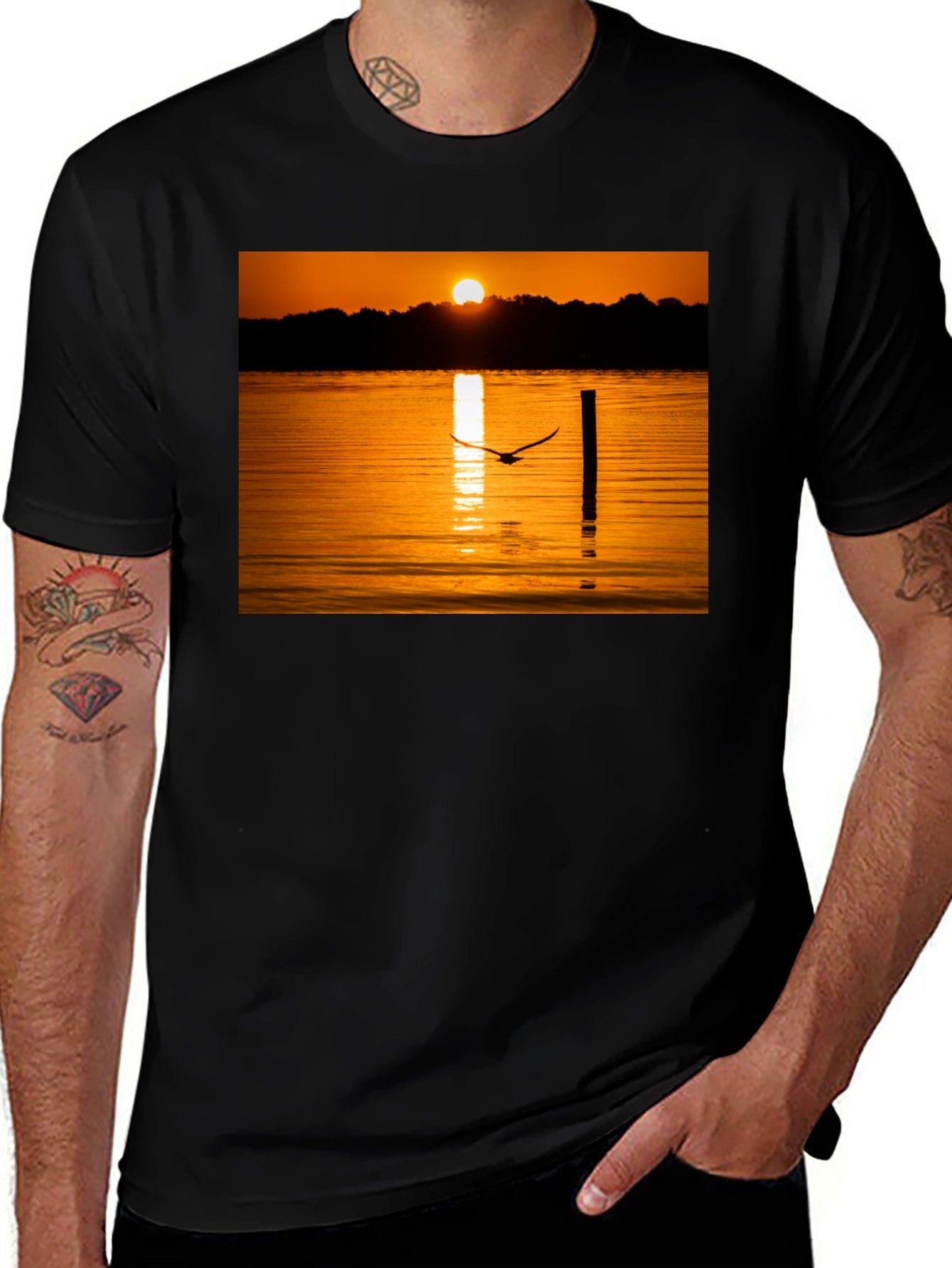 Sunset Lake Bird T-Shirt - Nature Inspired Tee