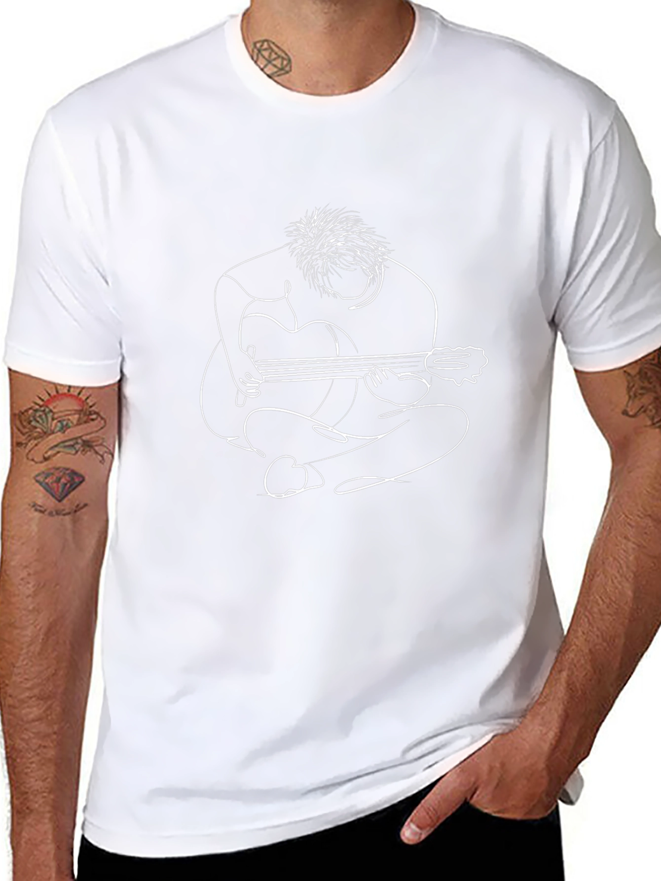 Guitar Player Line Art Black T-Shirt