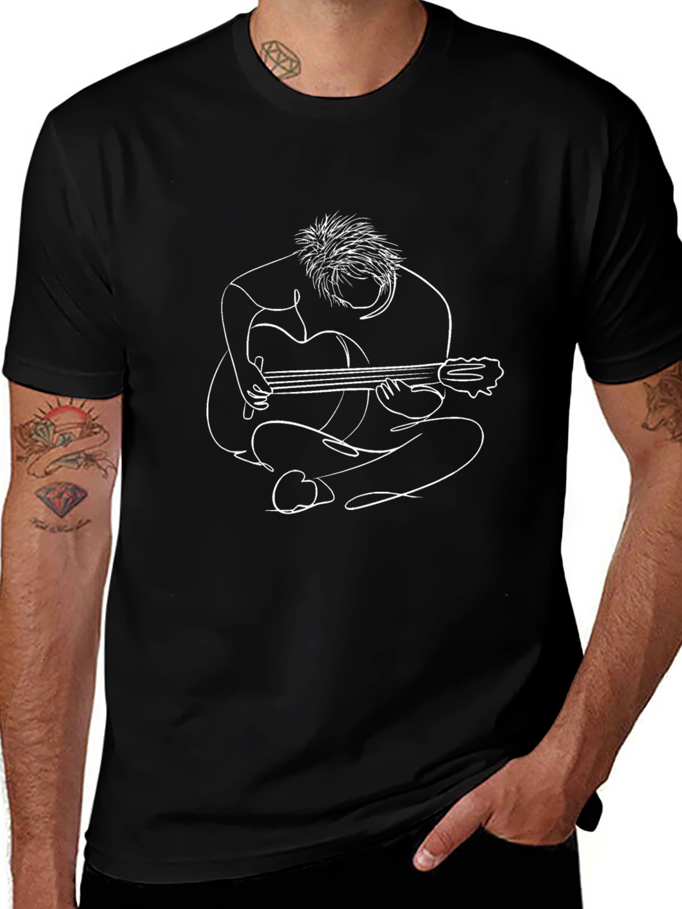 Guitar Player Line Art Black T-Shirt