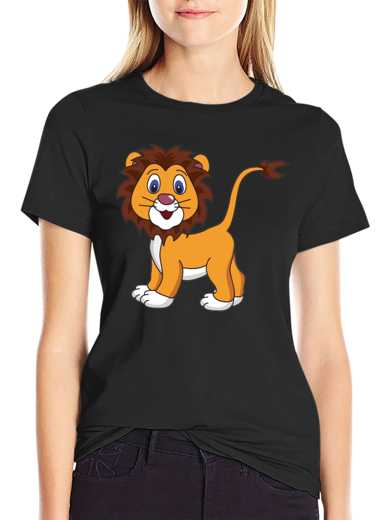Cartoon Lion Graphic Black T-Shirt