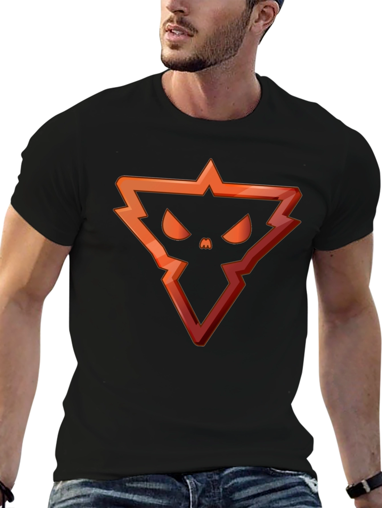 Edgy Triangle Skull Graphic Tee - Black Cotton Blend