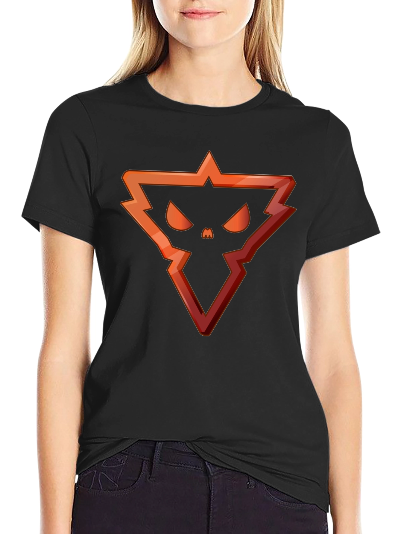 Edgy Triangle Skull Graphic Tee - Black Cotton Blend