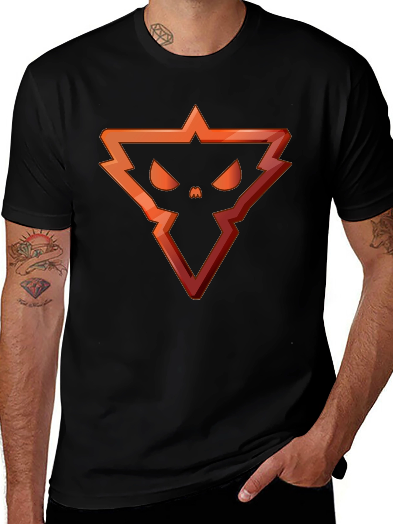 Edgy Triangle Skull Graphic Tee - Black Cotton Blend