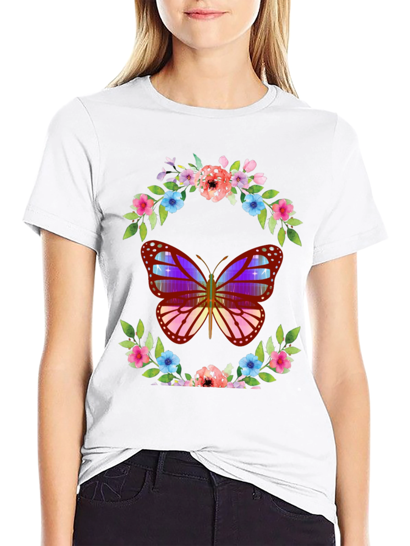 Butterfly Floral Wreath Graphic T-Shirt