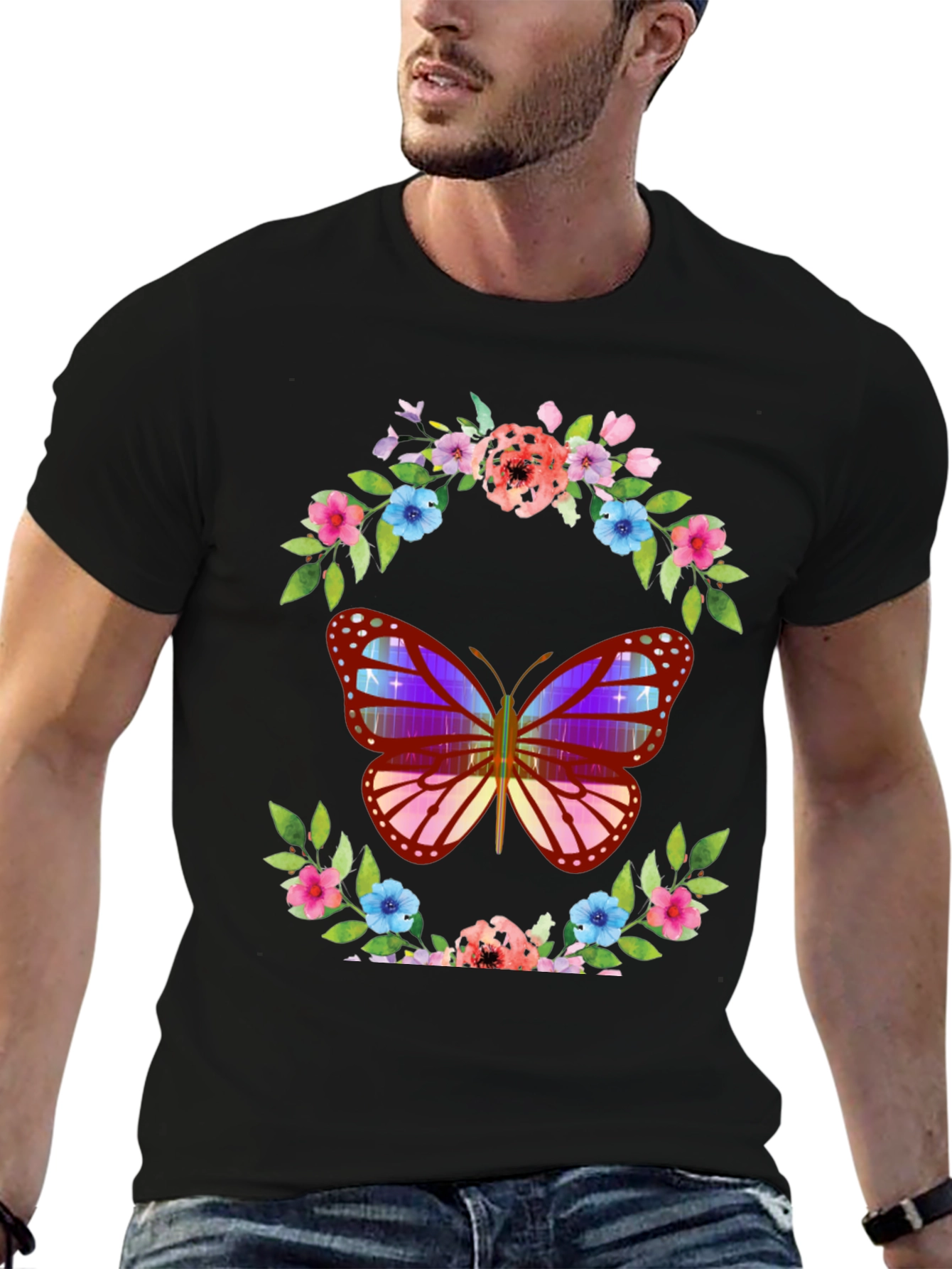 Butterfly Floral Wreath Graphic T-Shirt