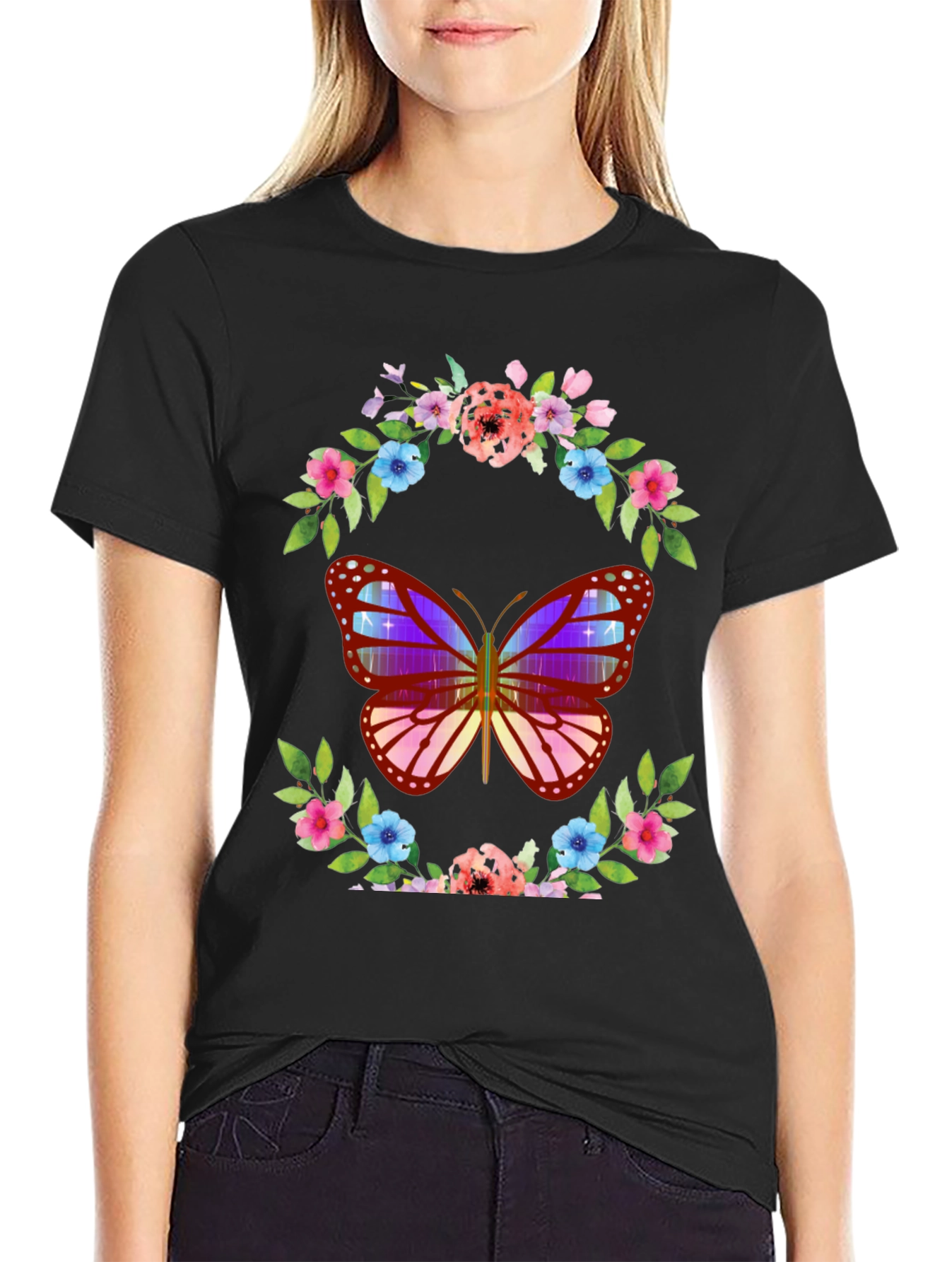 Butterfly Floral Wreath Graphic T-Shirt