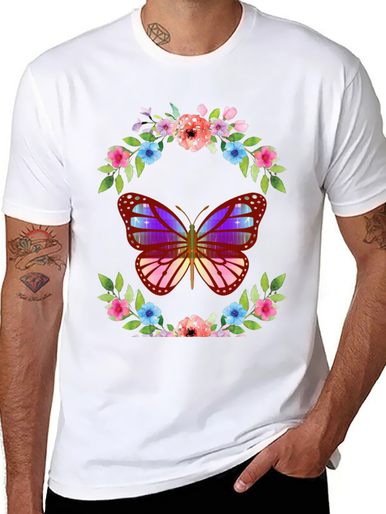 Butterfly Floral Wreath Graphic T-Shirt