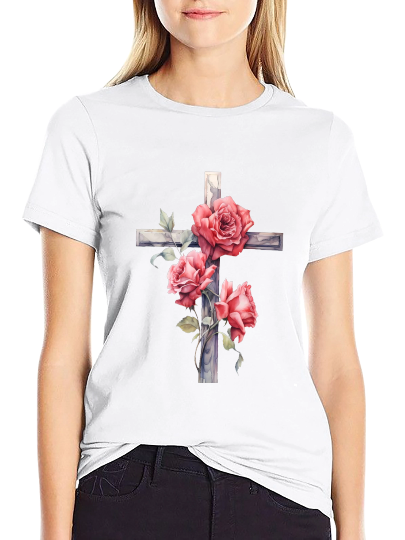 Rose Cross Graphic T-Shirt - Black