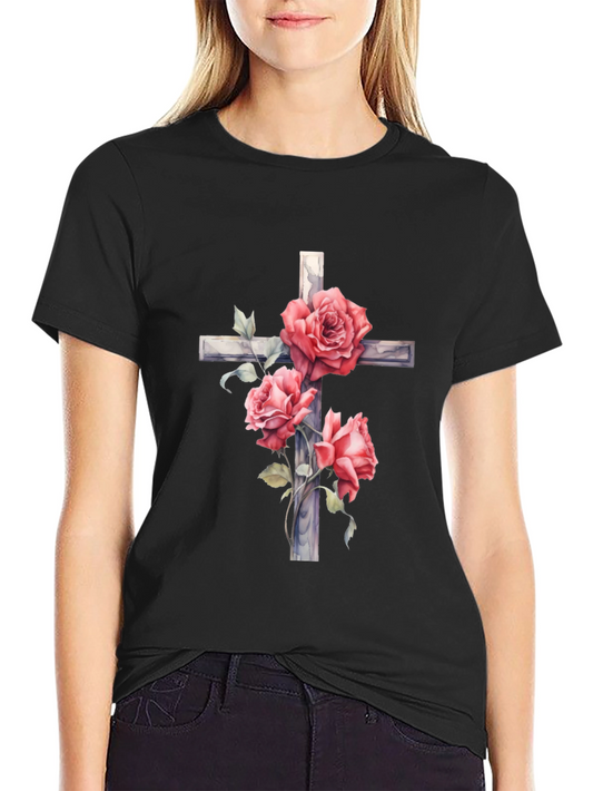 Rose Cross Graphic T-Shirt - Black