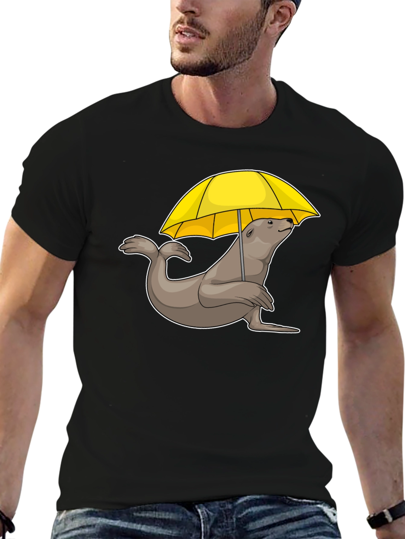 Seal with Umbrella T-Shirt - Black Cotton Tee