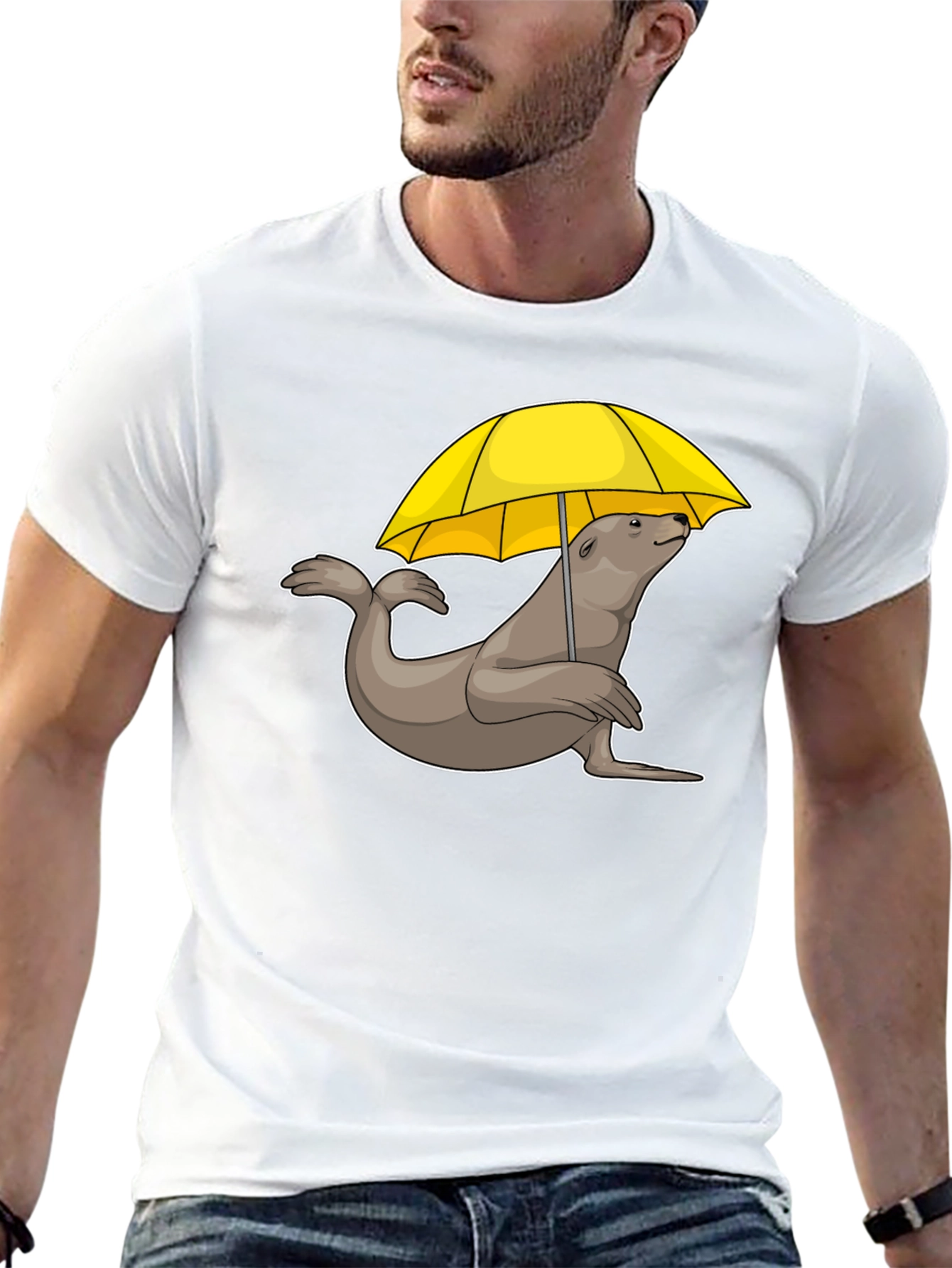 Seal with Umbrella T-Shirt - Black Cotton Tee