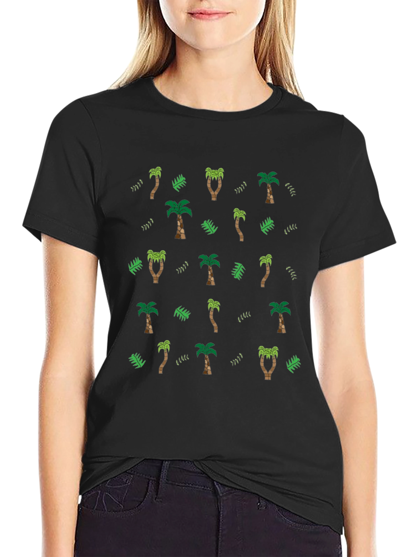 Tropical Palm Tree Pattern Black T-Shirt