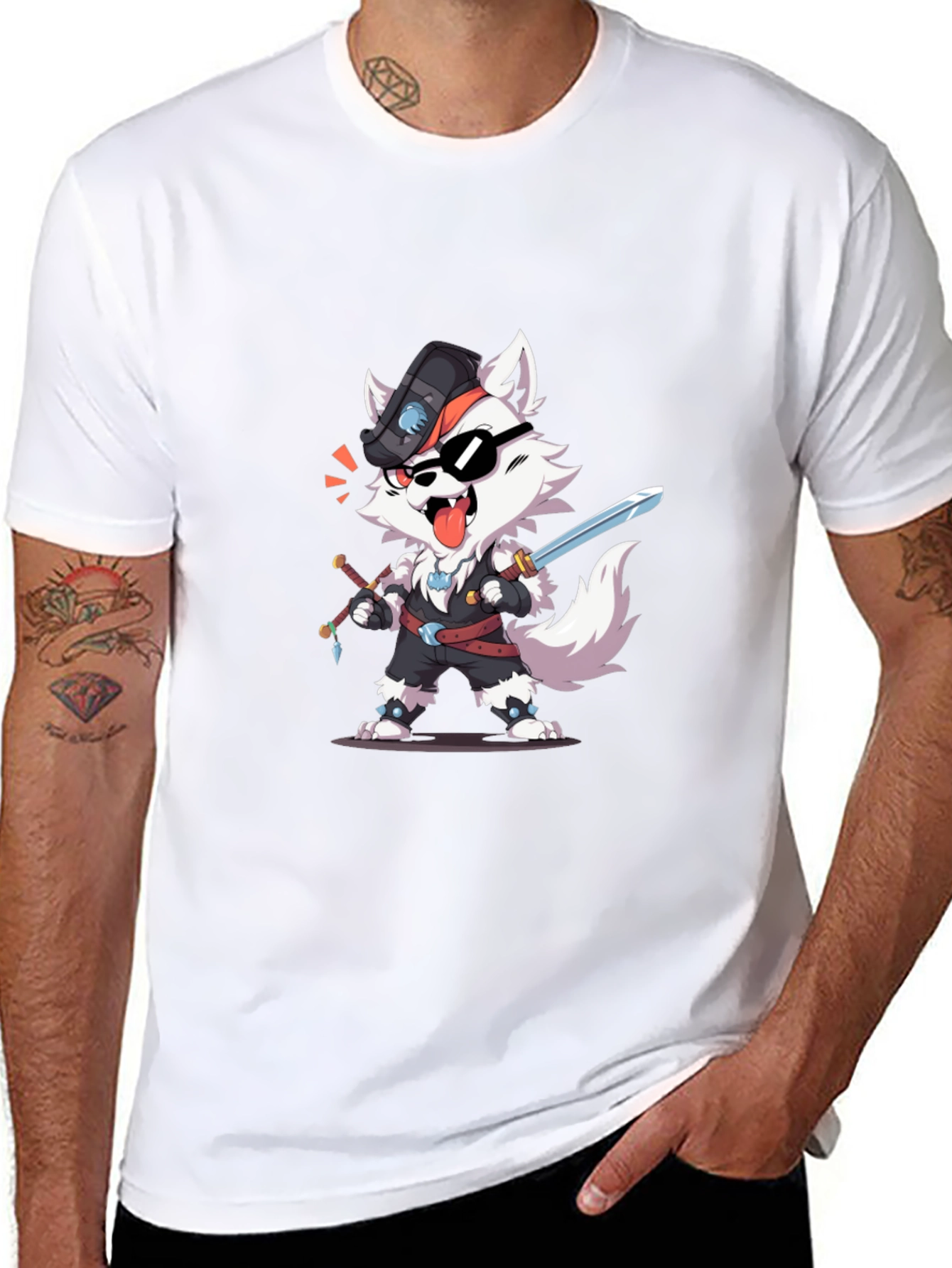 Wolf Pirate Cartoon Black T-Shirt