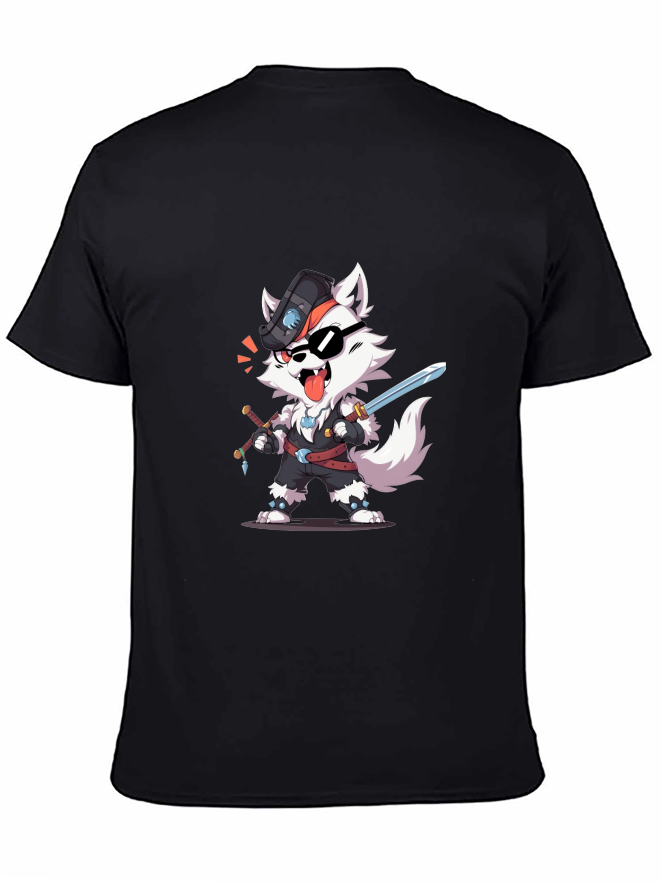 Wolf Pirate Cartoon Black T-Shirt