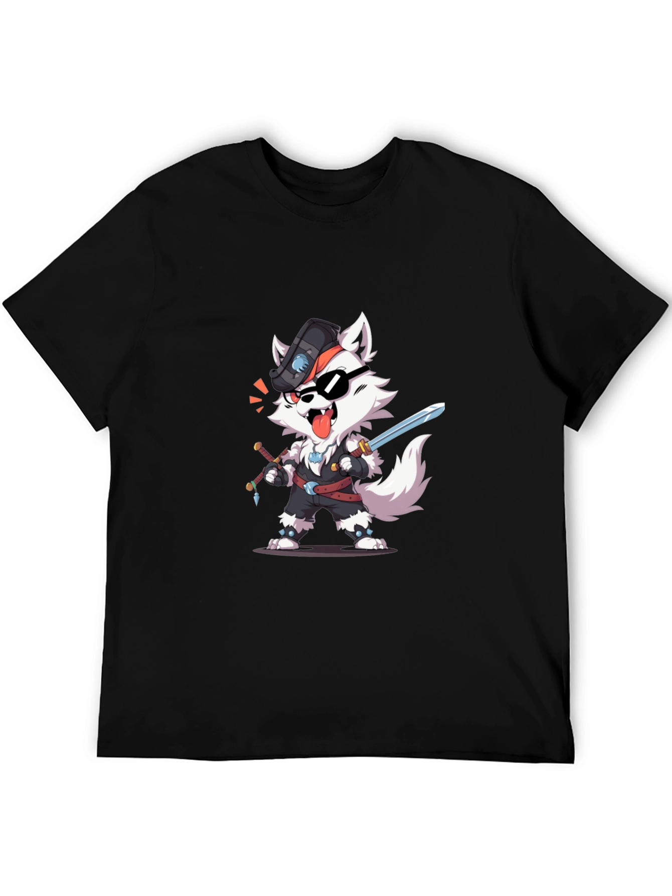 Wolf Pirate Cartoon Black T-Shirt