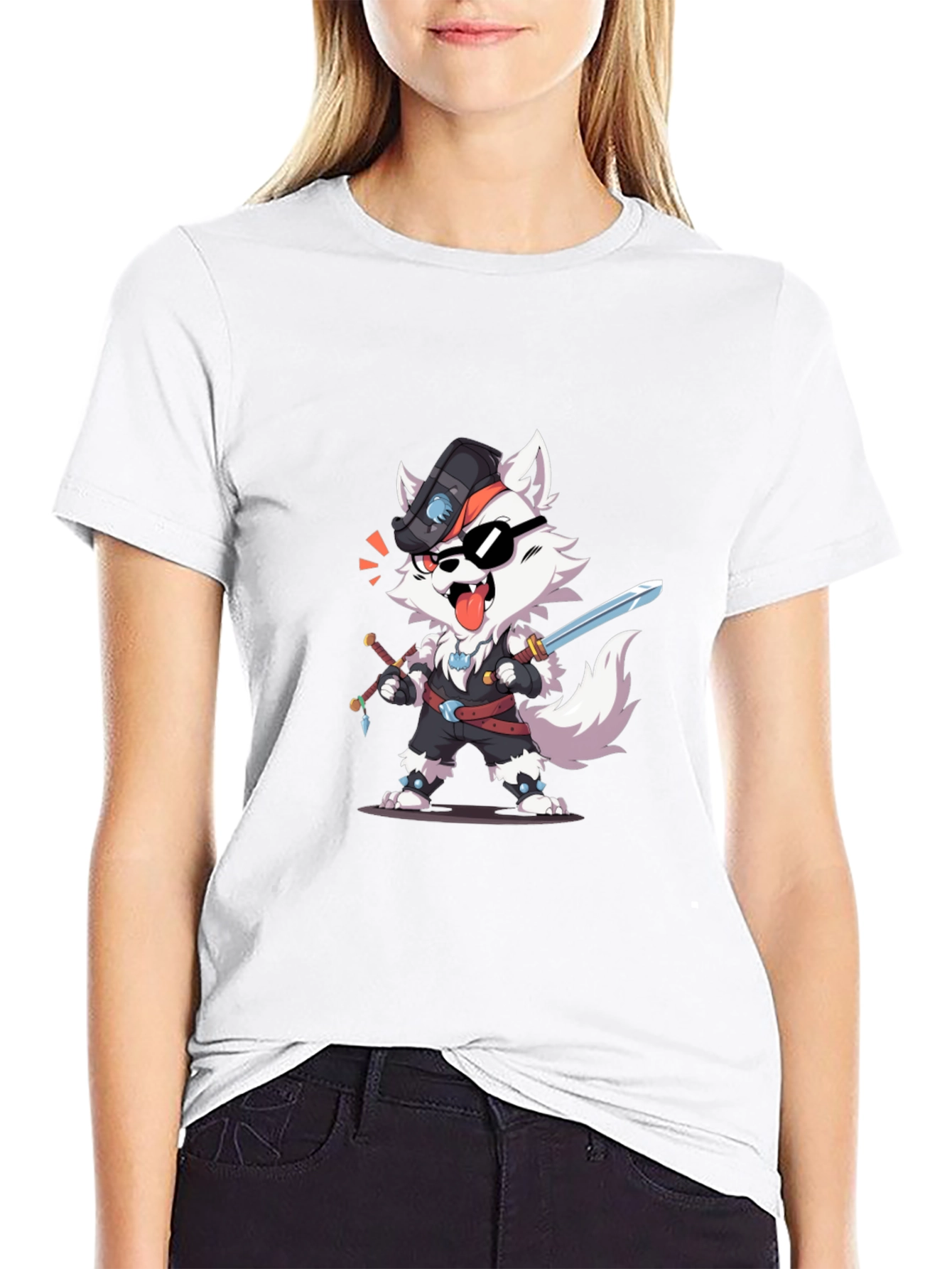 Wolf Pirate Cartoon Black T-Shirt