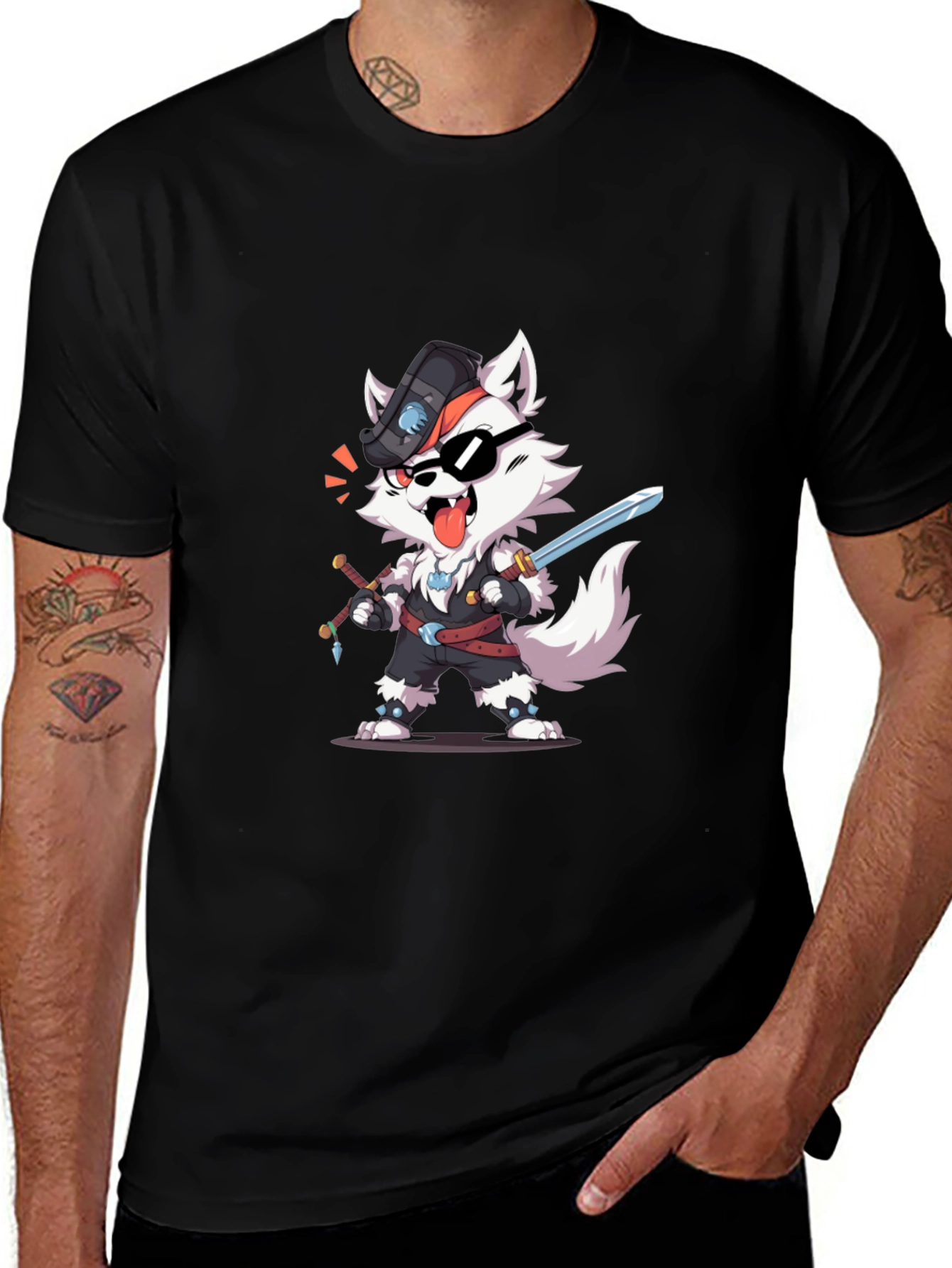 Wolf Pirate Cartoon Black T-Shirt