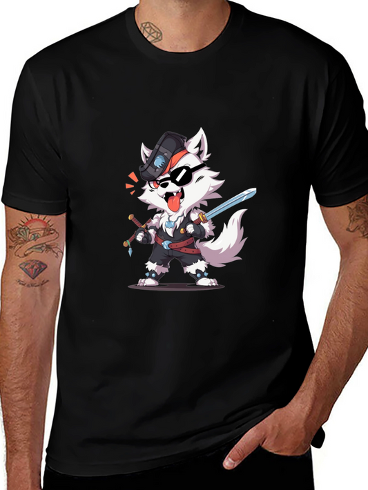 Wolf Pirate Cartoon Black T-Shirt
