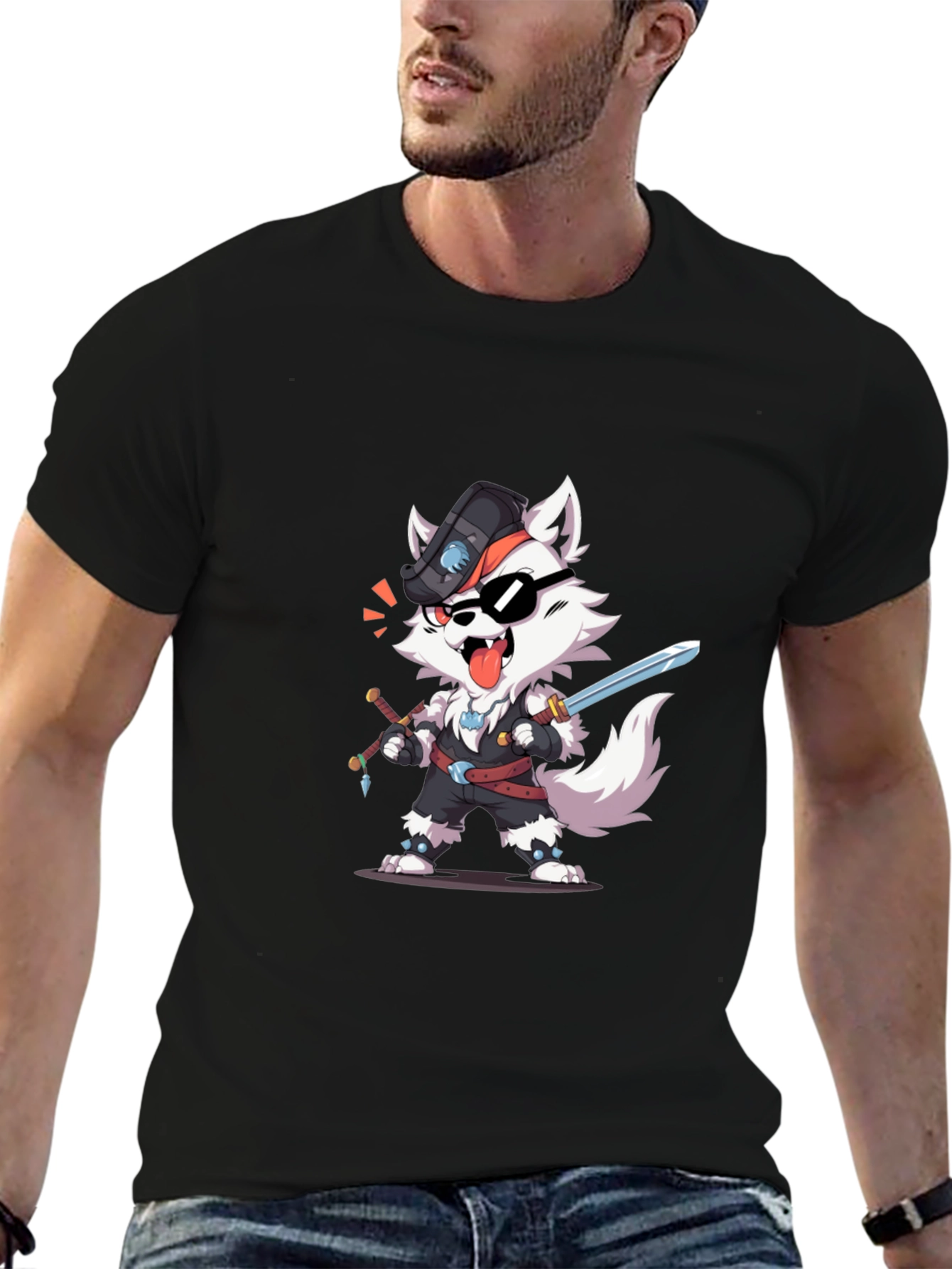 Wolf Pirate Cartoon Black T-Shirt