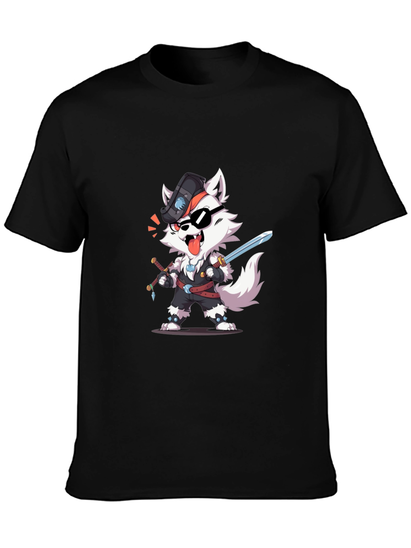 Wolf Pirate Cartoon Black T-Shirt